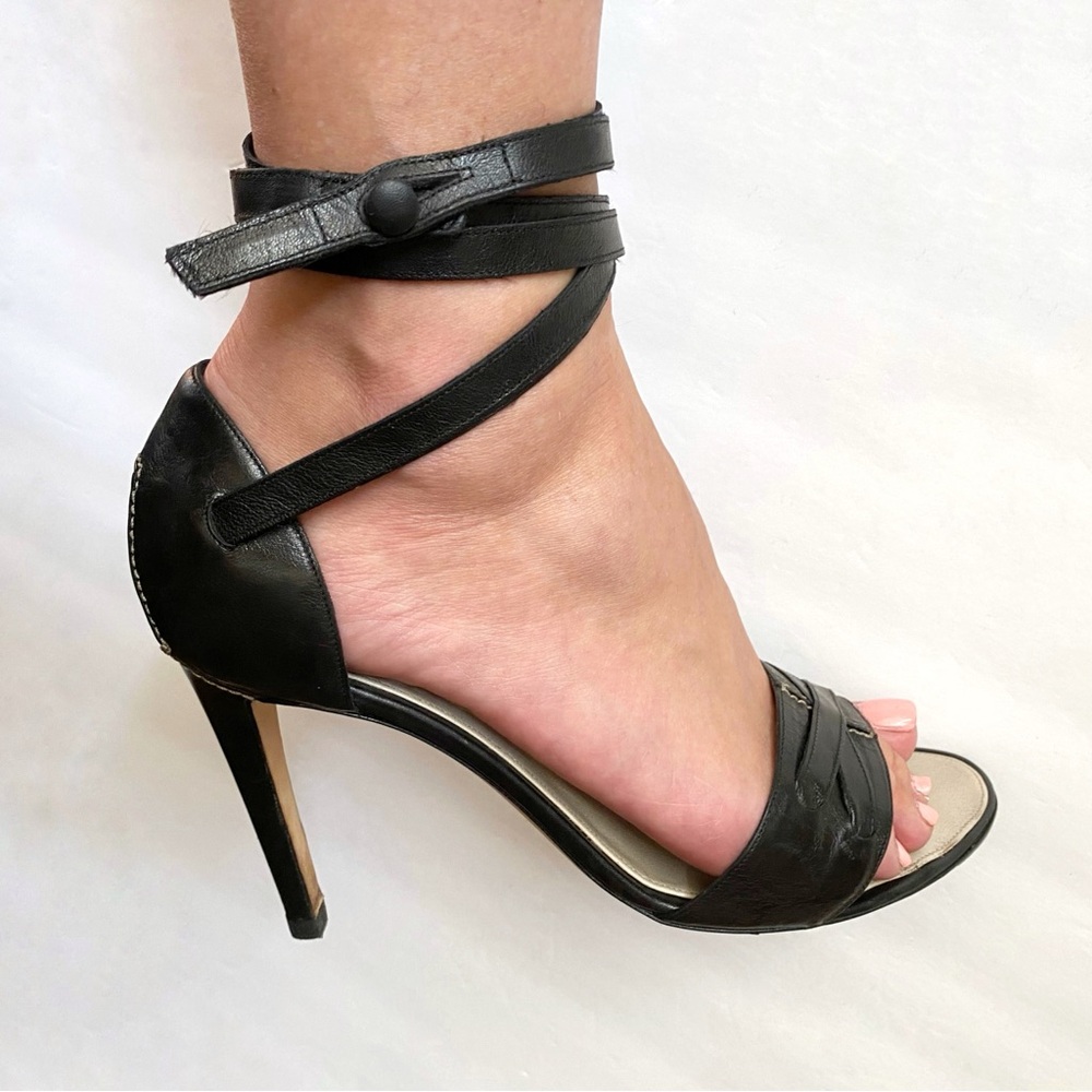 YSL Yves saint Laurent black leather ankle wrap straps open toe heels